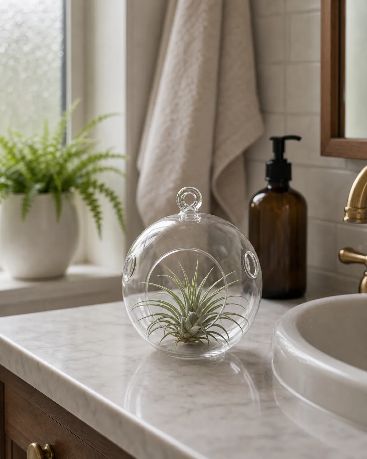 A single Tillandsia ionantha air plant with a tuft of silvery-green wiry leaves resting inside a clear glass orb on a bathroom counter