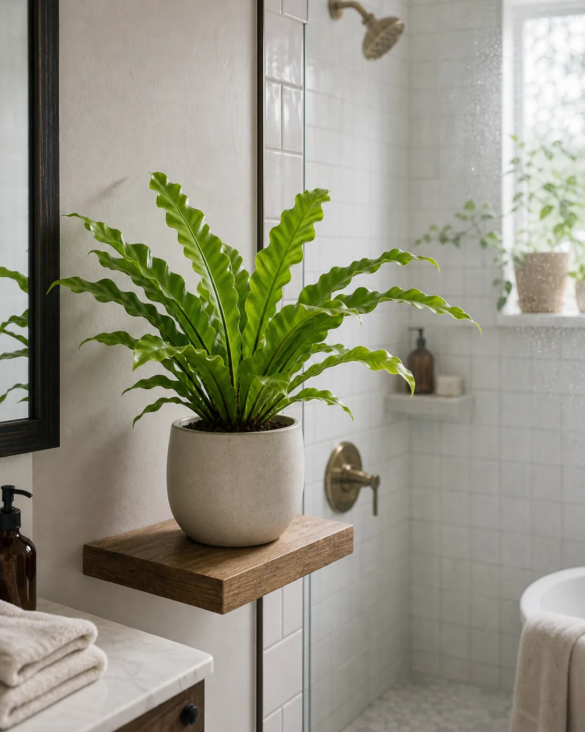 A bird's nest fern with a rosette of rippling bright-green strap-shaped fronds emerging from a central dark nest-like crown, on a shelf beside a tiled shower