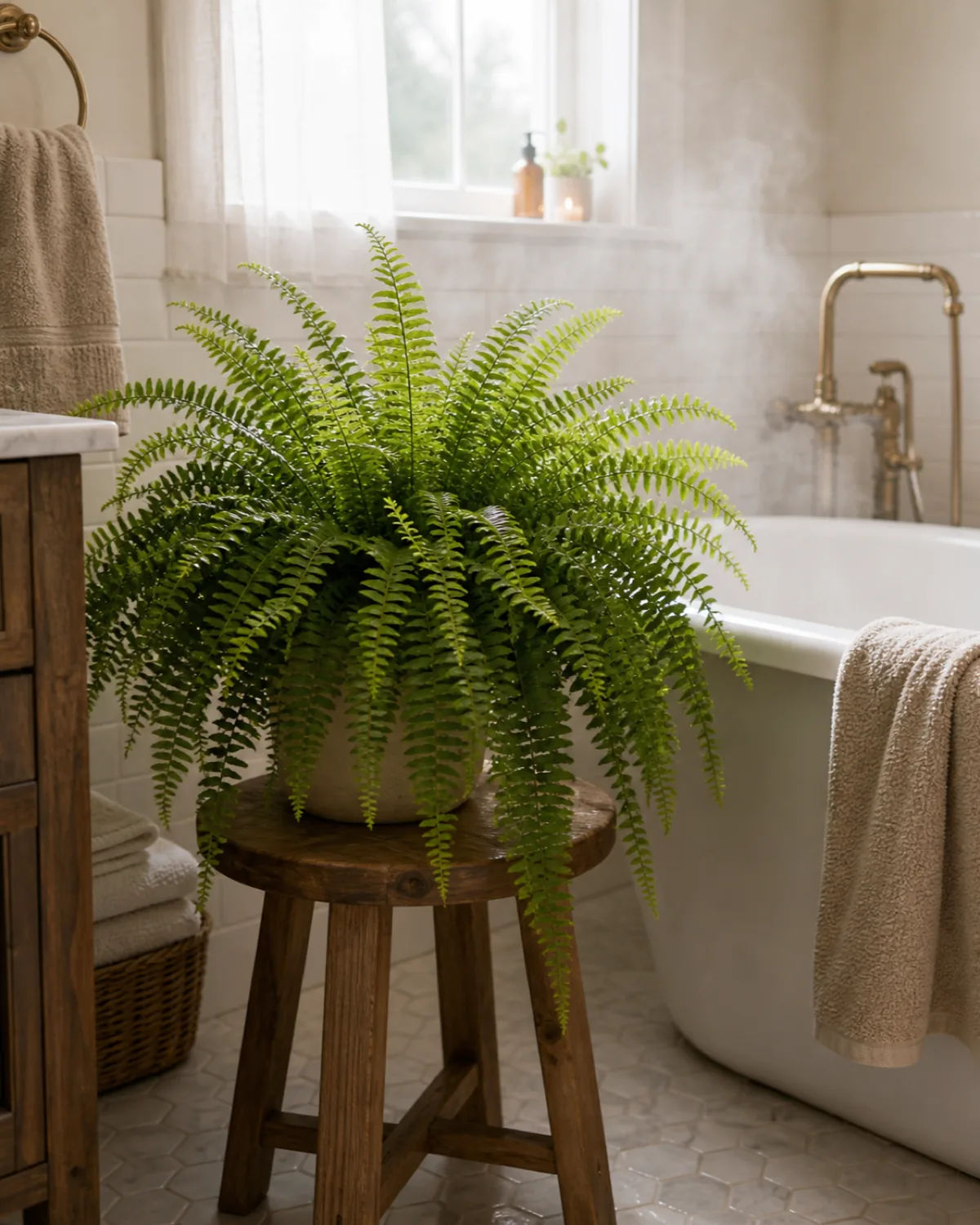 A lush Boston fern with soft cascading bright-green fronds in a plain pot on a small wood stool beside a freestanding white porcelain tub in a calm bathroom