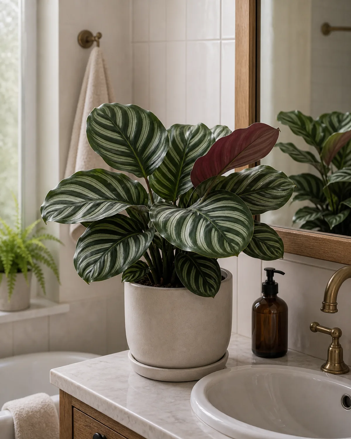 A calathea with broad oval boldly patterned silver-and-dark-green striped leaves and burgundy undersides showing on one leaf, in a plain pot on a bathroom vanity