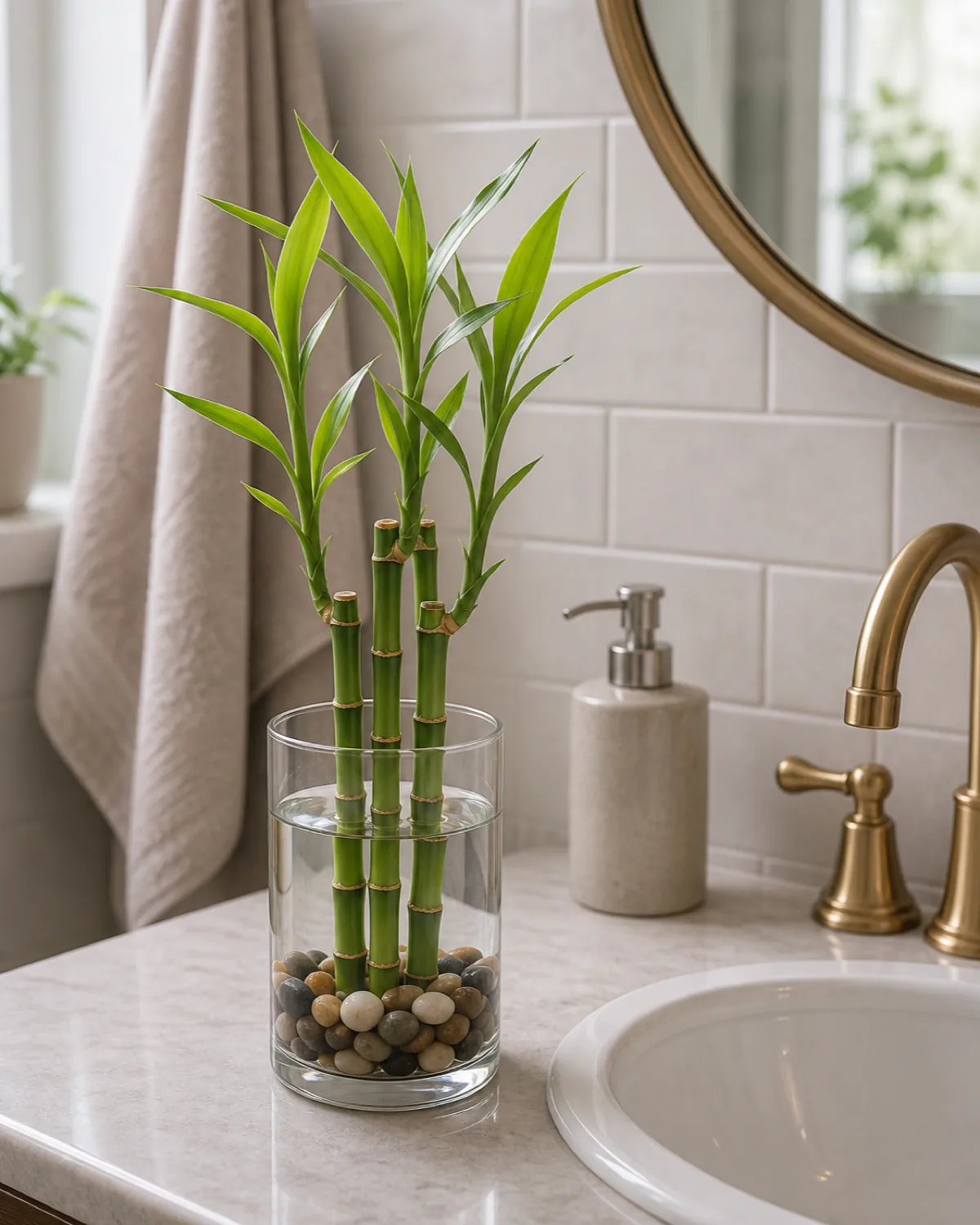 A small lucky bamboo arrangement with slim segmented canes and narrow green leaves in a clear glass vase filled with water and pebbles on a bathroom counter