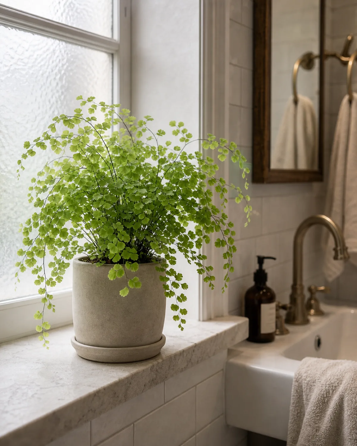 A delicate maidenhair fern with fan-shaped bright-green leaflets on wiry black stems in a plain pot on a small ledge above a bathroom sink