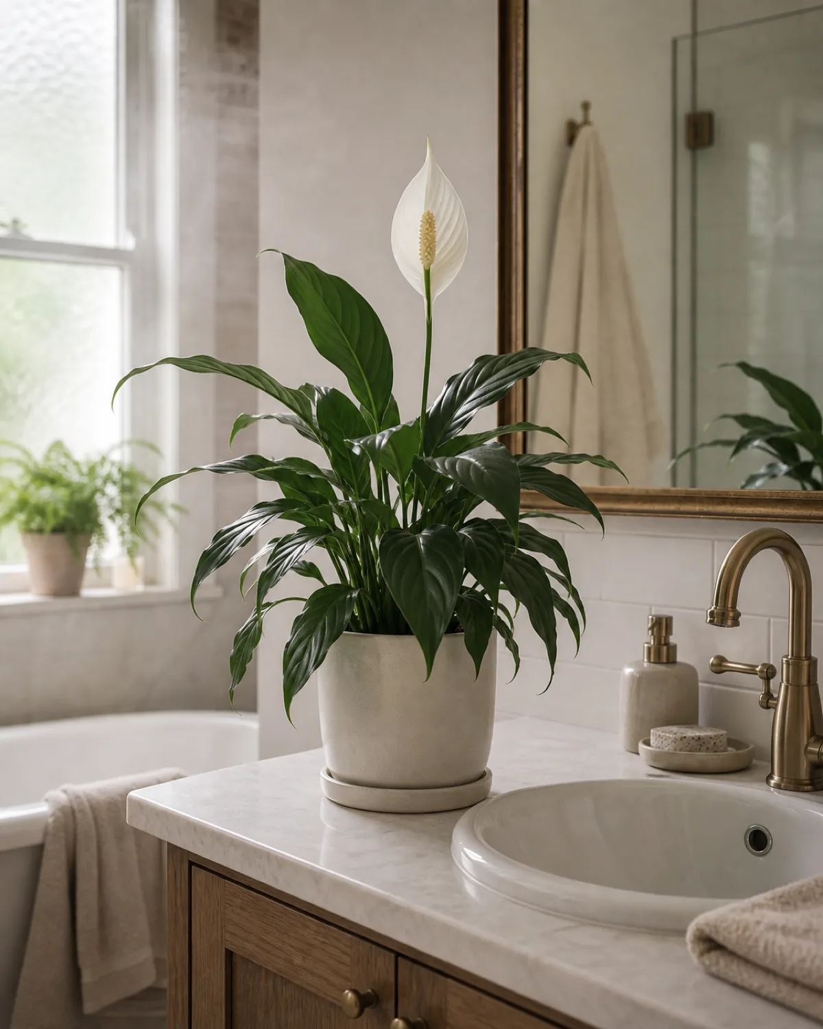 A peace lily with arching dark glossy lanceolate leaves and one creamy-white spathe in a plain pot on a bathroom vanity beside a porcelain sink