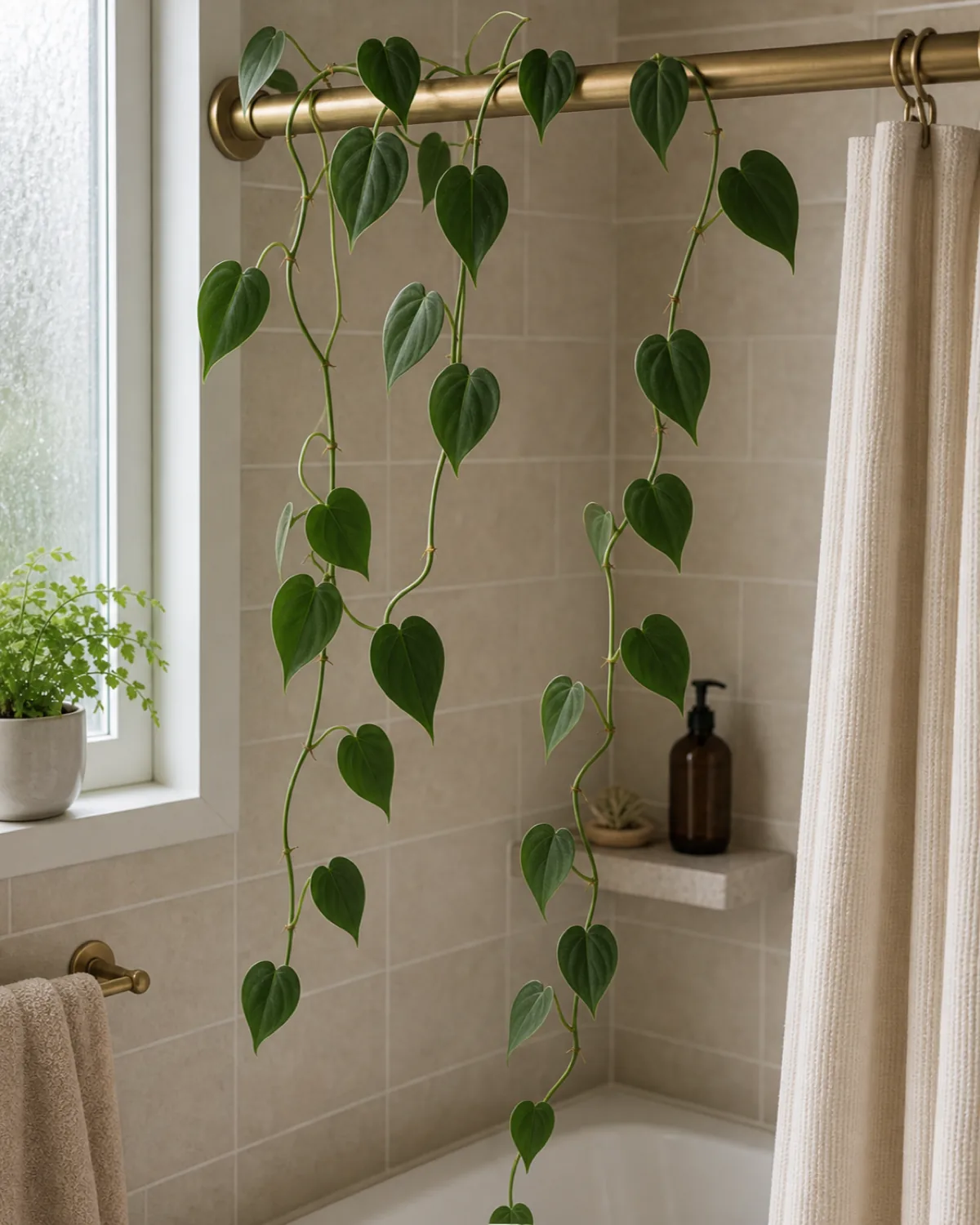 A heart-leaf philodendron with smaller dark-green velvety heart-shaped leaves on a slim trailing vine draped along a brushed-brass shower curtain rod in a calm tiled bathroom