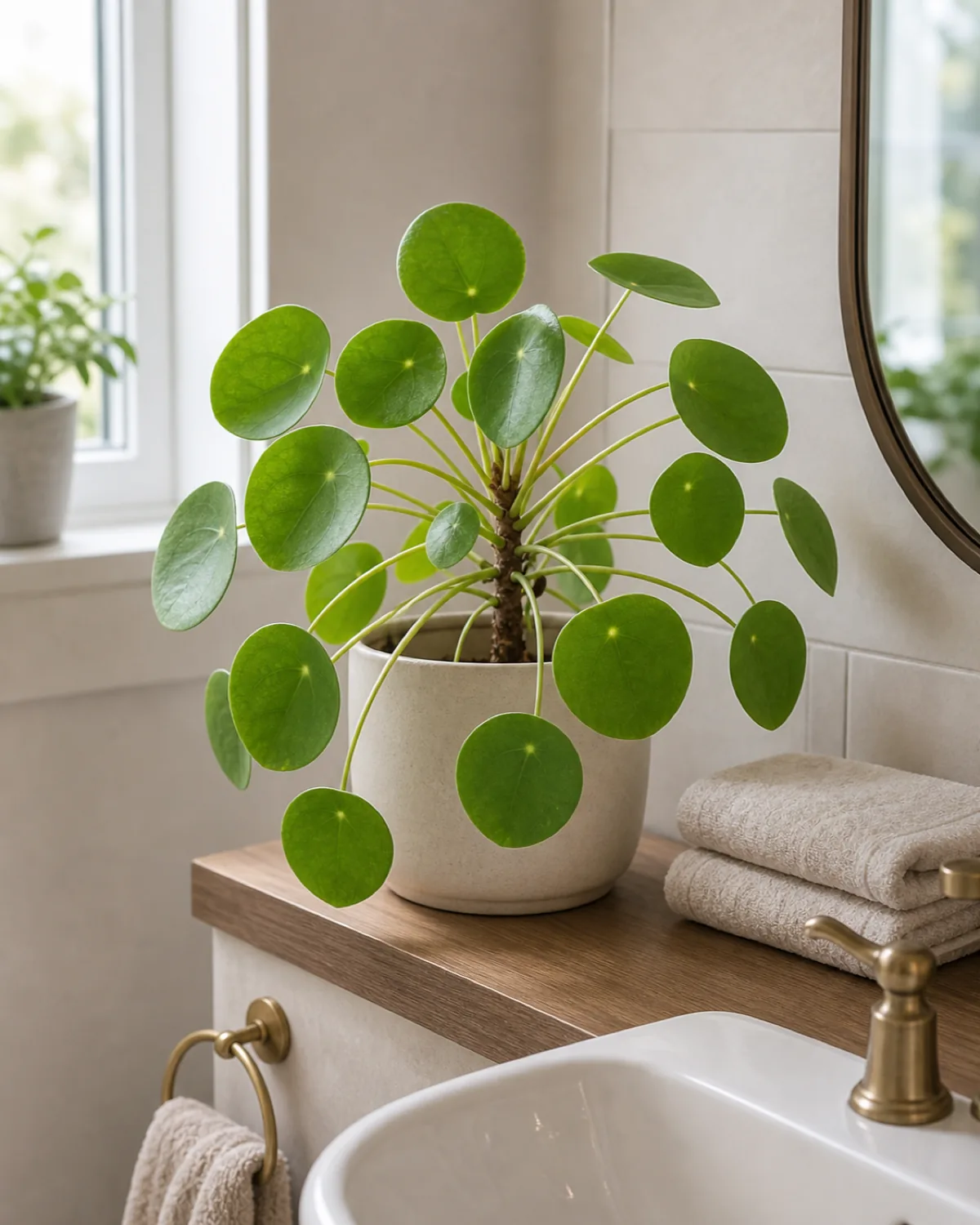 A Chinese money plant with round coin-shaped bright-green leaves on slim individual stalks, in a plain ceramic pot on a vanity shelf above a porcelain sink