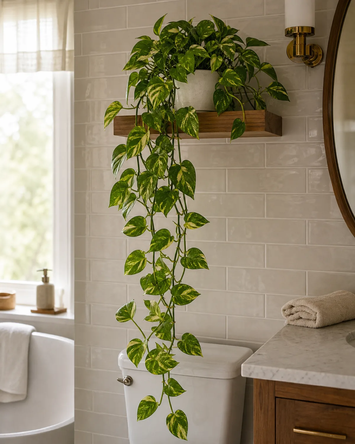 A golden pothos with green-and-yellow variegated heart-shaped leaves cascading from a small floating wood shelf above a toilet tank in a calm bathroom