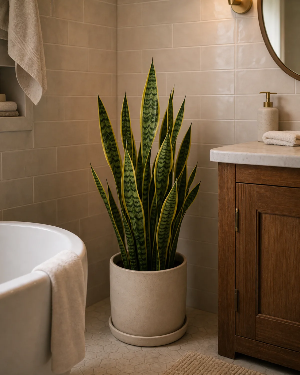 A snake plant with upright yellow-edged sword leaves in a plain ceramic pot in a dim windowless corner of a calm bathroom