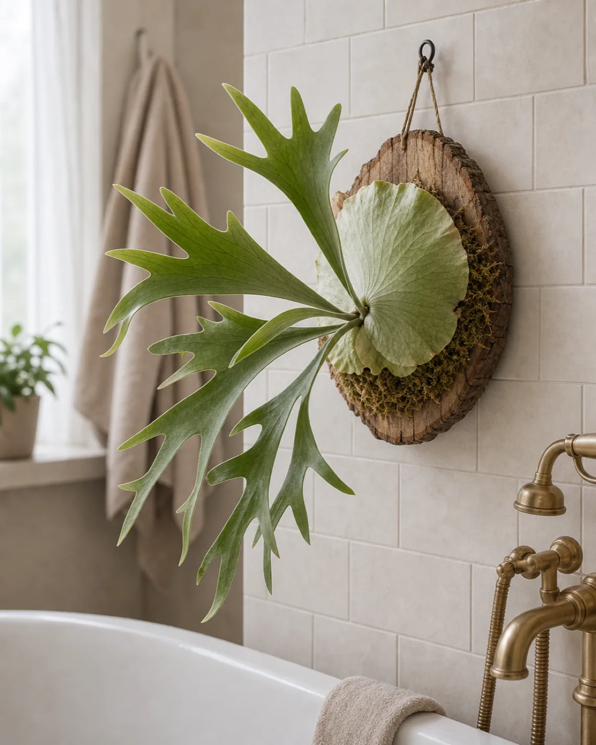A staghorn fern mounted on a flat round piece of natural wood with sphagnum moss at the base, hanging on a tiled bathroom wall beside a freestanding tub