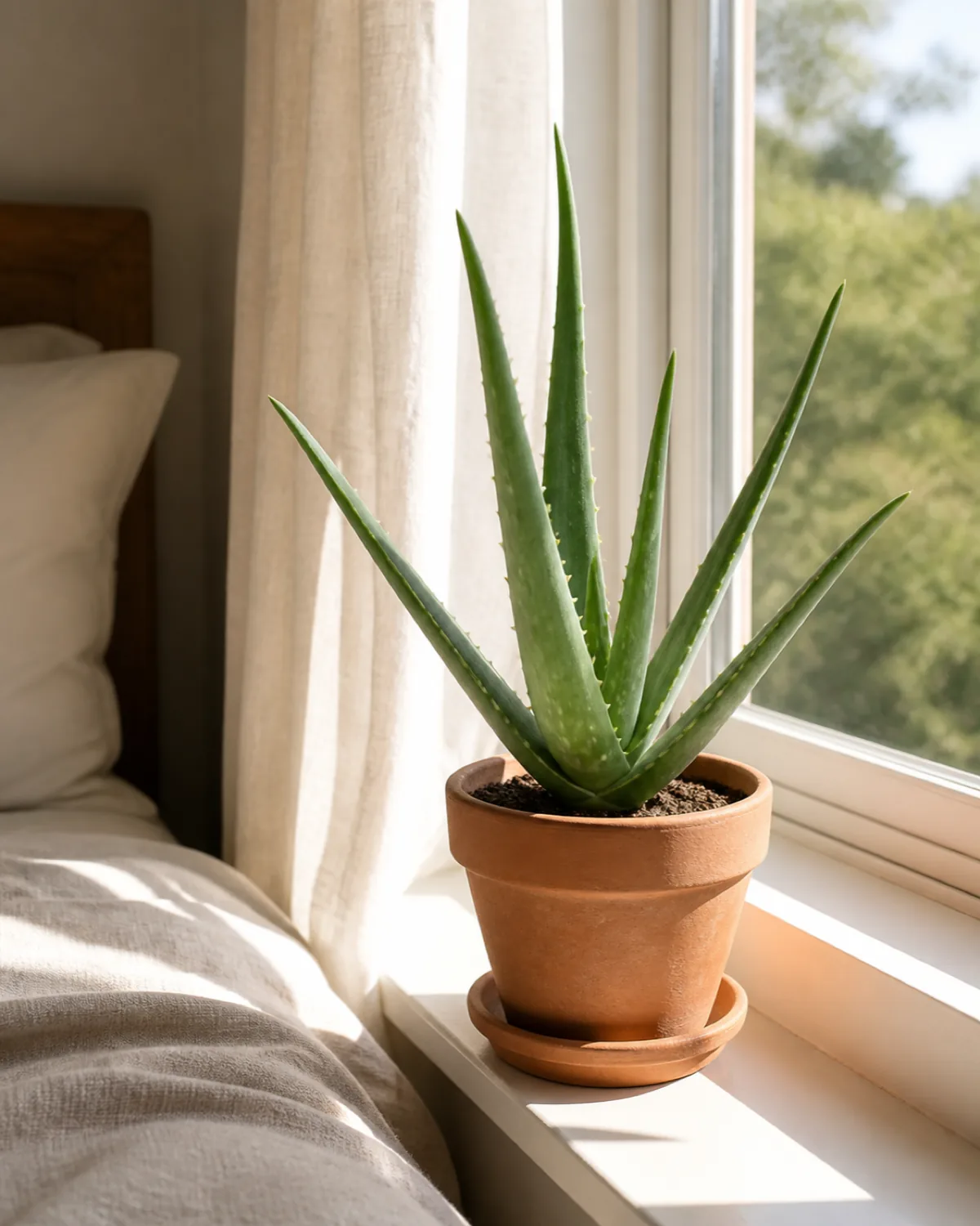 A small aloe vera with thick fleshy upright leaves in a terracotta pot on a sunny bedroom windowsill