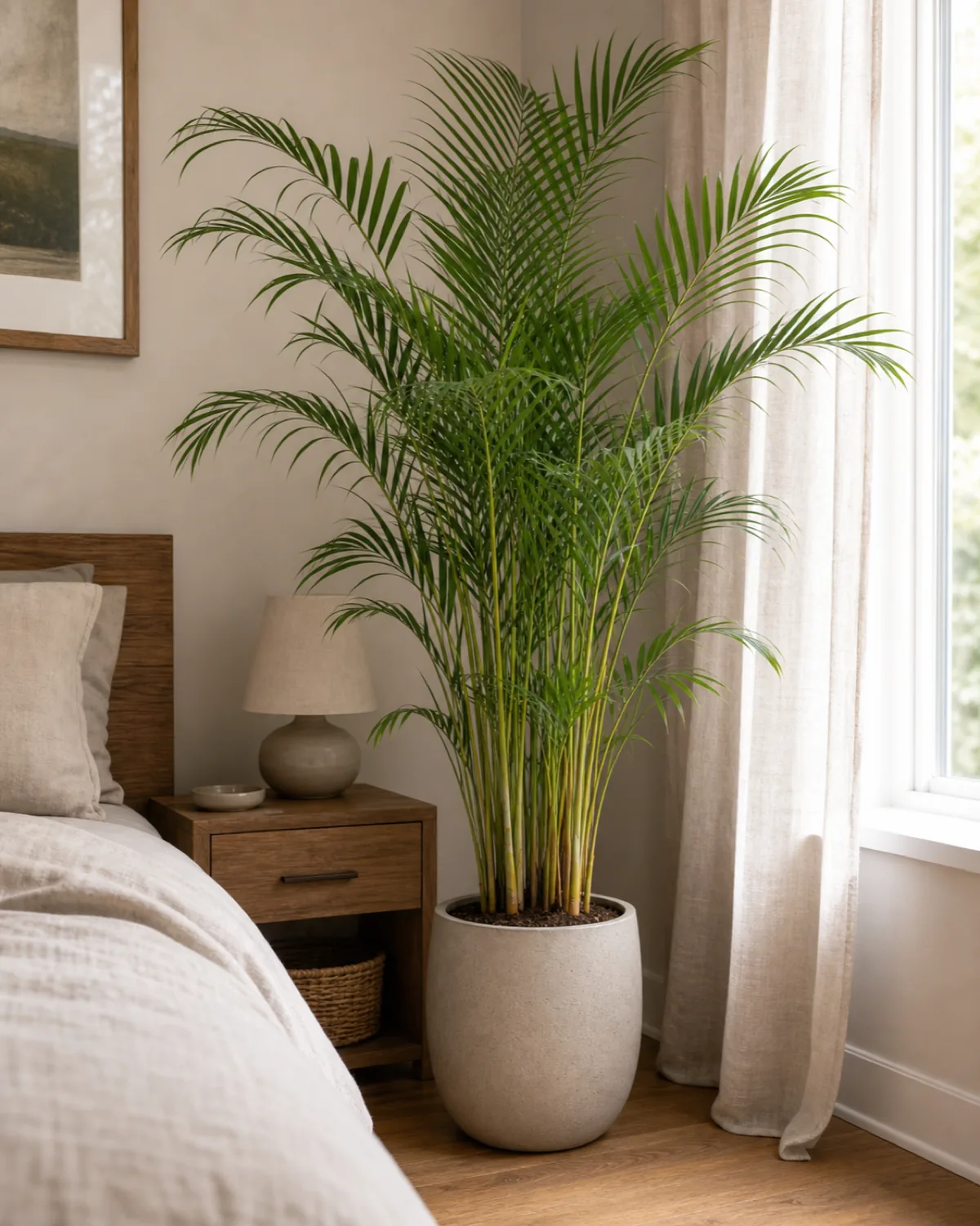 A tall areca palm with feathery arching pinnate fronds filling a bright bedroom corner near a window