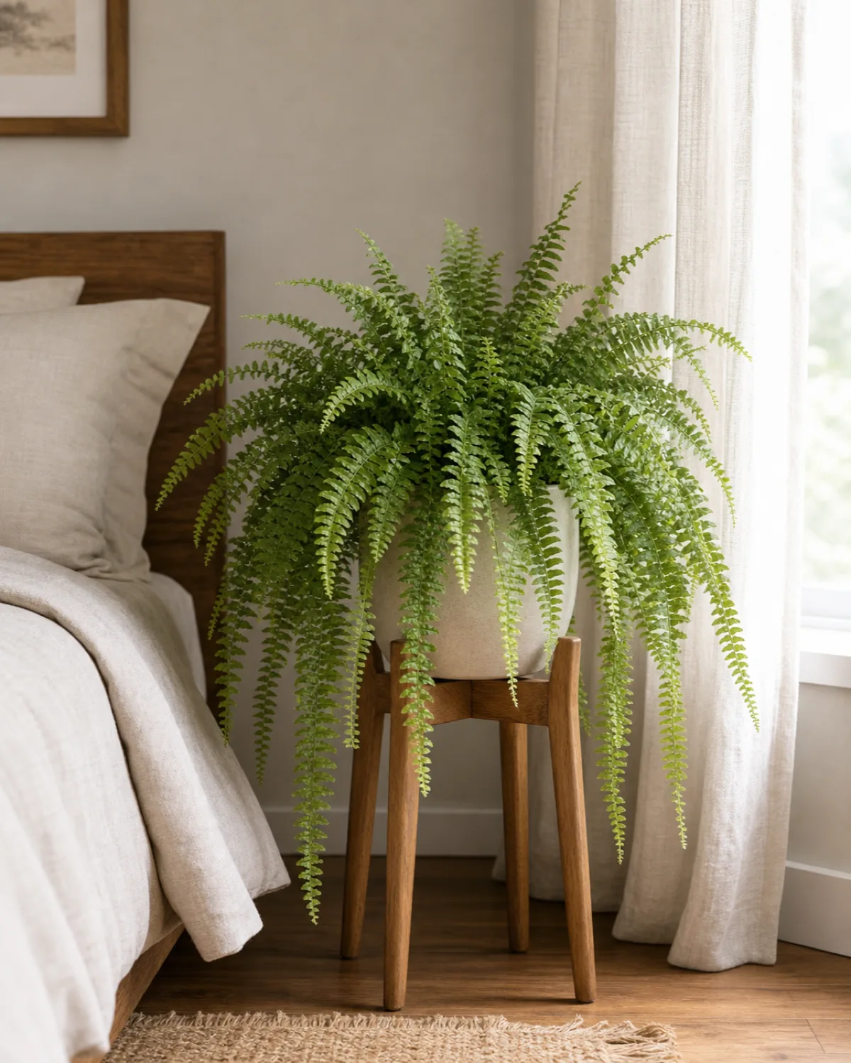 A Boston fern with soft cascading fronds in a plain pot on a wood plant stand in a calm bedroom corner