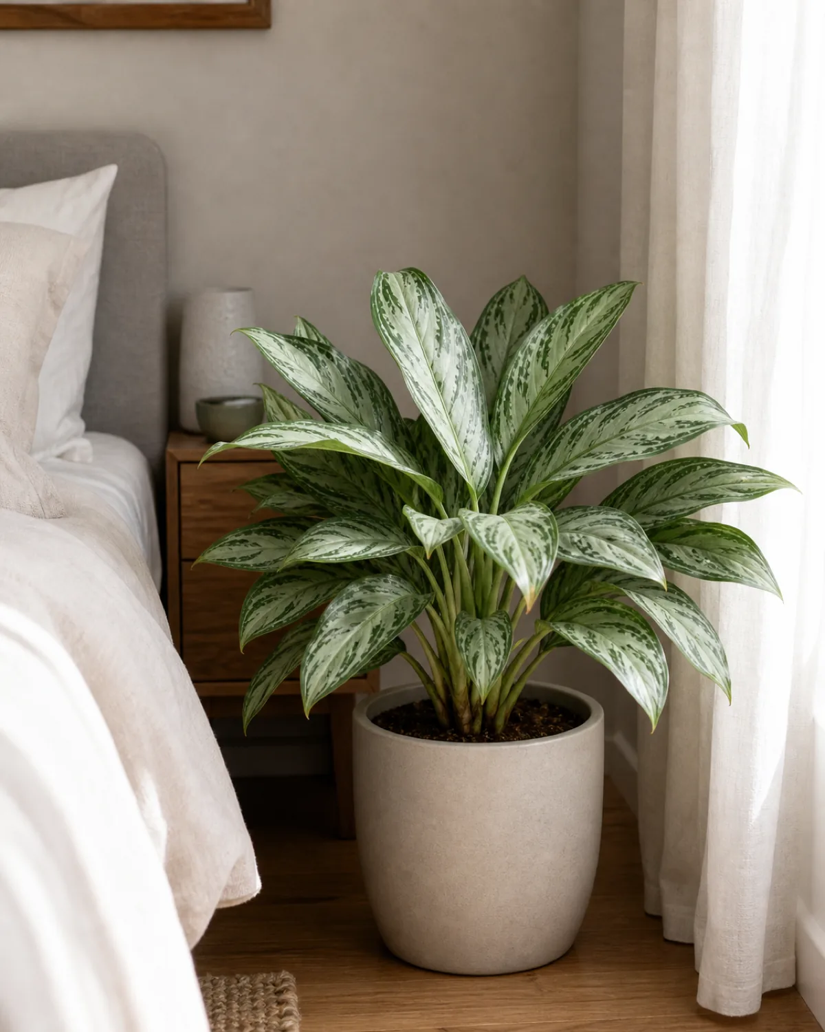 A Chinese evergreen with patterned silvery-green leaves in a plain pot in a low-light bedroom corner