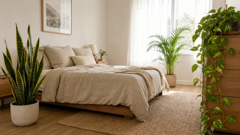 A calm light-toned bedroom with a snake plant on the floor, a trailing pothos on a wood dresser, and a small areca palm in the corner