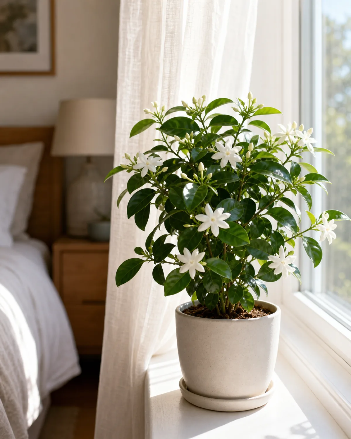 A potted Arabian jasmine with small white star-shaped flowers and glossy dark-green leaves on a sunny bedroom windowsill