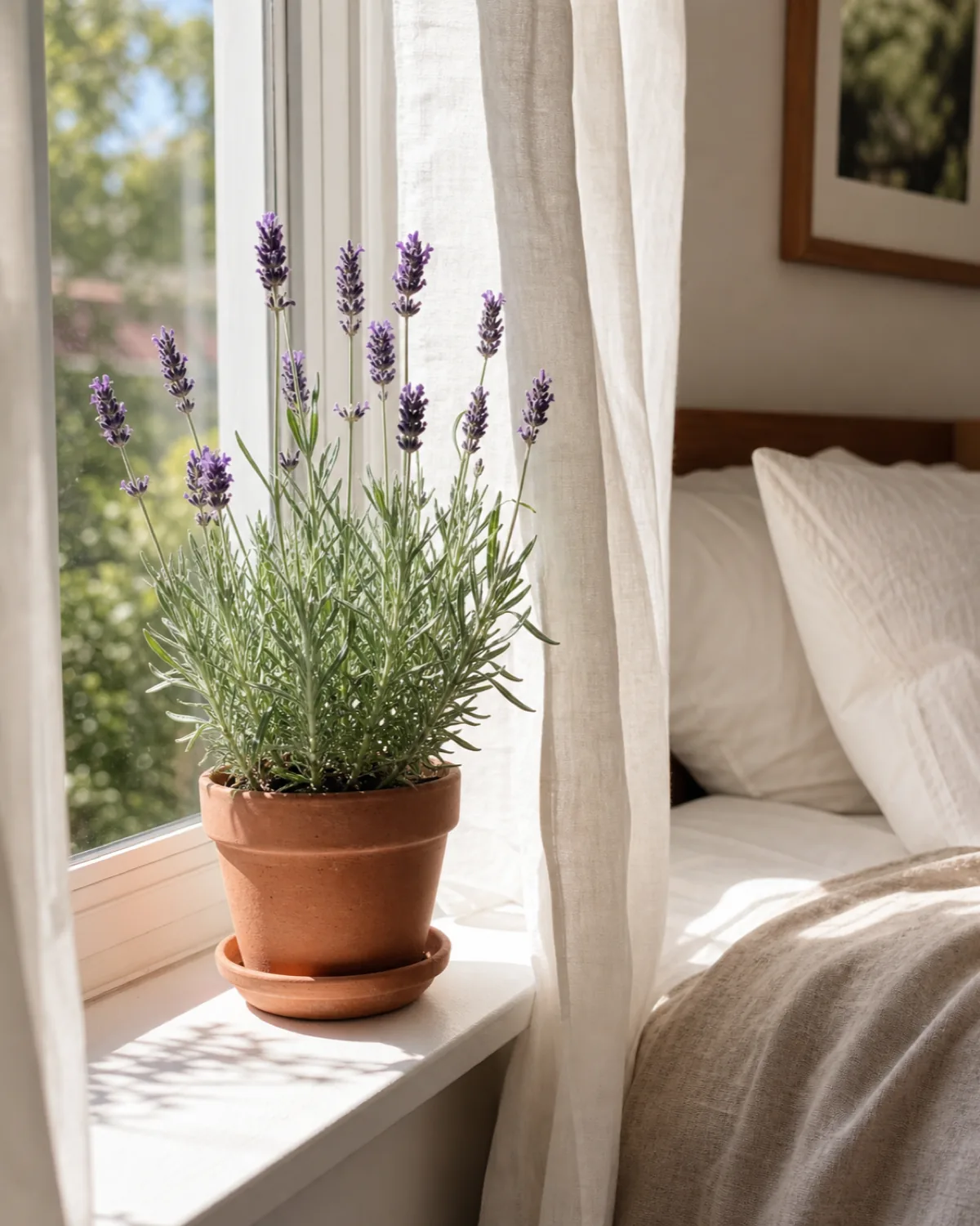 A potted English lavender with silvery leaves and purple flower spikes on a sunny bedroom windowsill
