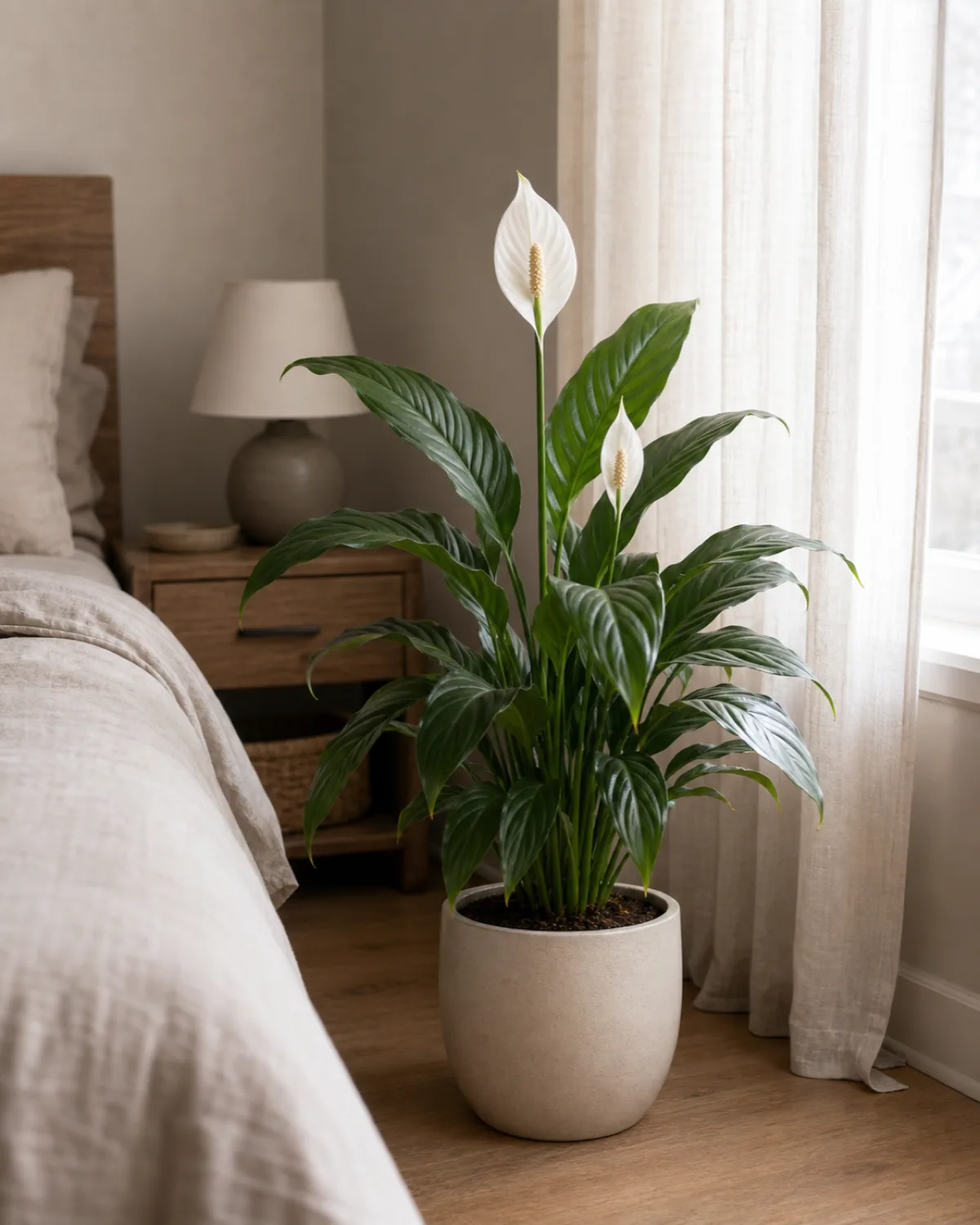 A peace lily with arching deep-green leaves and white flowers in a plain pot in a low-light bedroom corner
