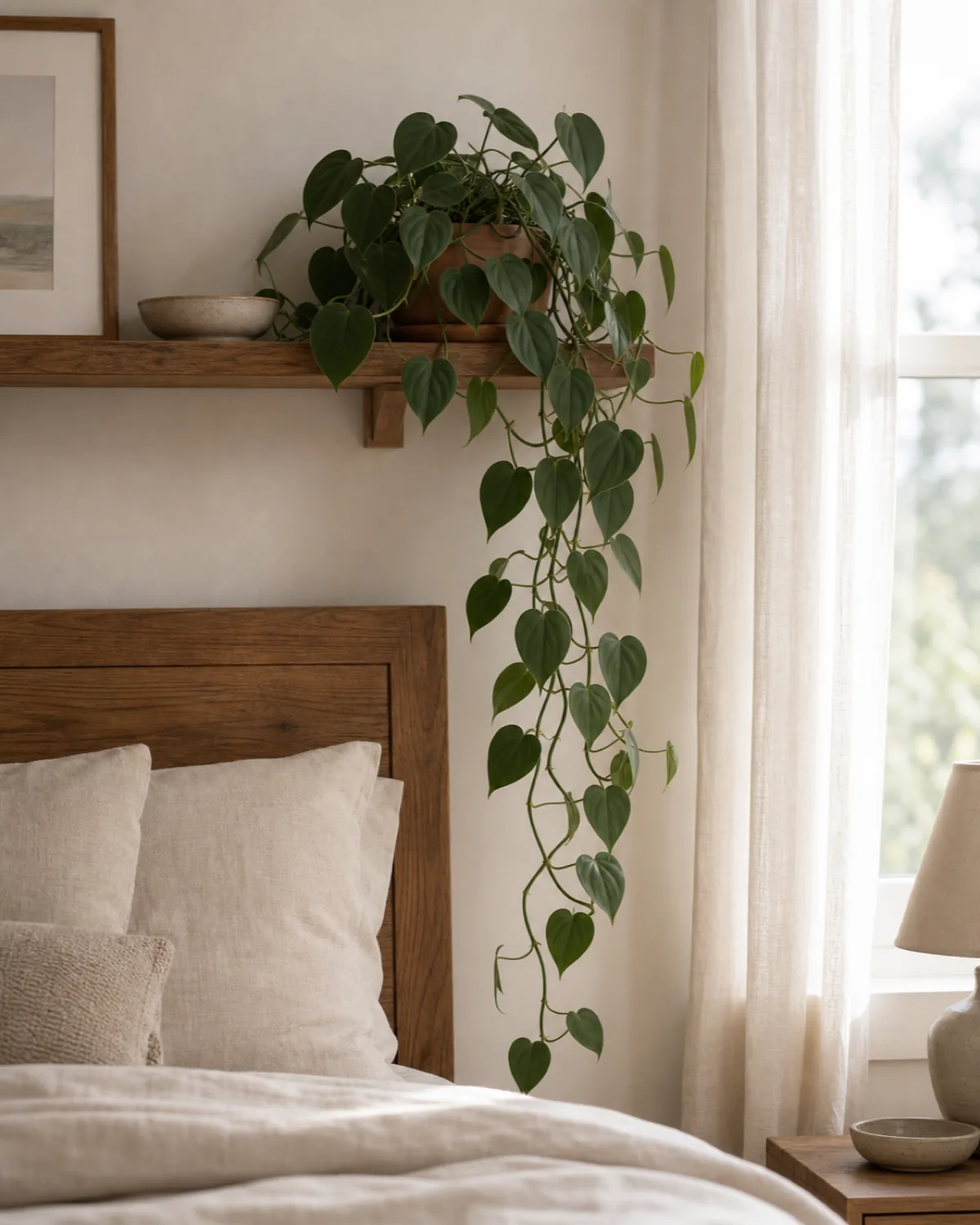A heart-leaf philodendron with smaller dark-green heart-shaped leaves trailing along a wood wall shelf above a bedroom headboard