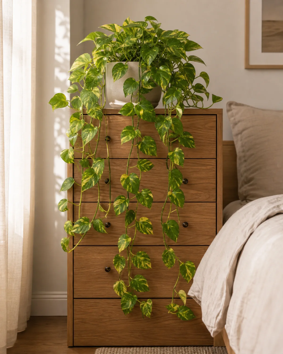 A golden pothos with green-and-yellow heart-shaped leaves trailing from the top of a wood dresser in a soft-lit bedroom