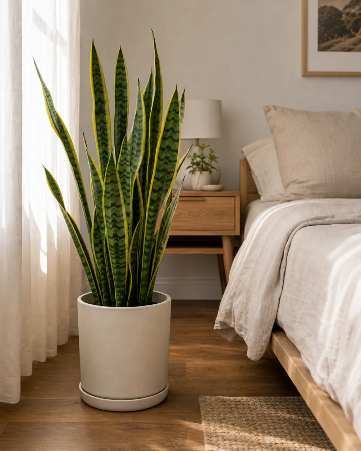 A snake plant with upright yellow-edged sword leaves in a plain pot beside a low platform bed in a calm bedroom