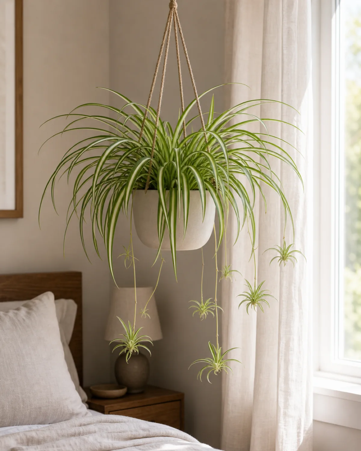 A spider plant with arching green-and-white striped leaves and baby plantlets hanging by a bright bedroom window