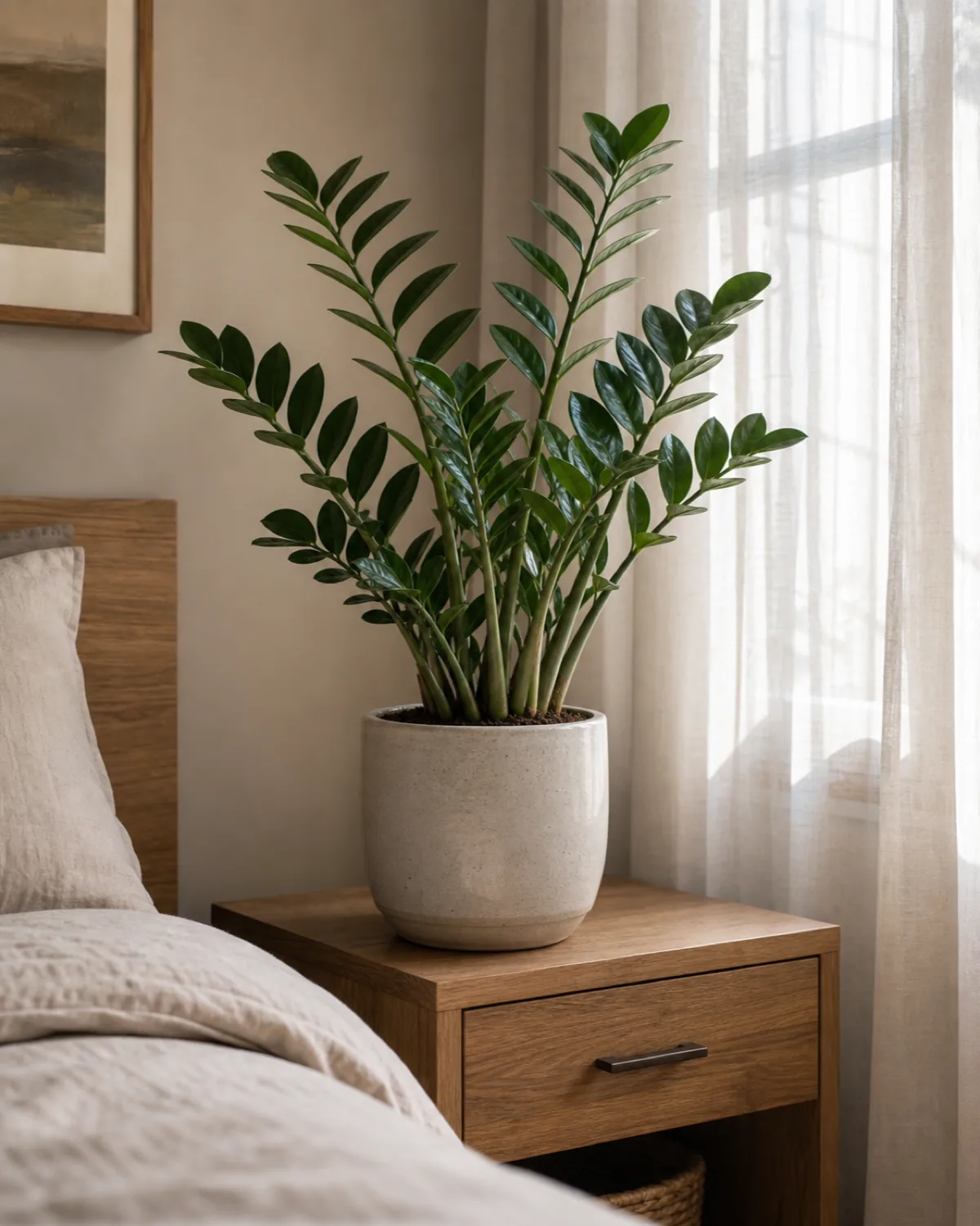 A ZZ plant with glossy dark green pinnate leaves in a plain ceramic pot on a wood nightstand beside a low bed