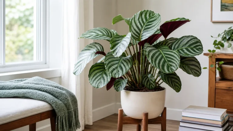 A lush calathea orbifolia in a plain pale cream ceramic pot on a low wood plant stand beside a bright north facing window in a real living room with large rounded silver and deep green pinstriped leaves catching soft indirect daylight and one leaf gently raised showing the prayer plant habit