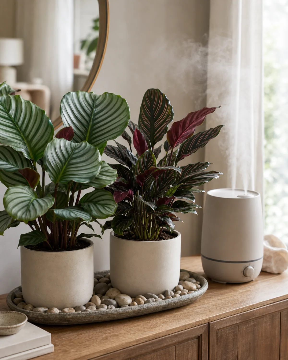 A calathea orbifolia and a calathea pinstripe grouped together on a pebble tray with a small humidifier misting nearby on a wood console in a real home with the rounded and lance shaped patterned leaves looking firm and glossy in soft indirect daylight