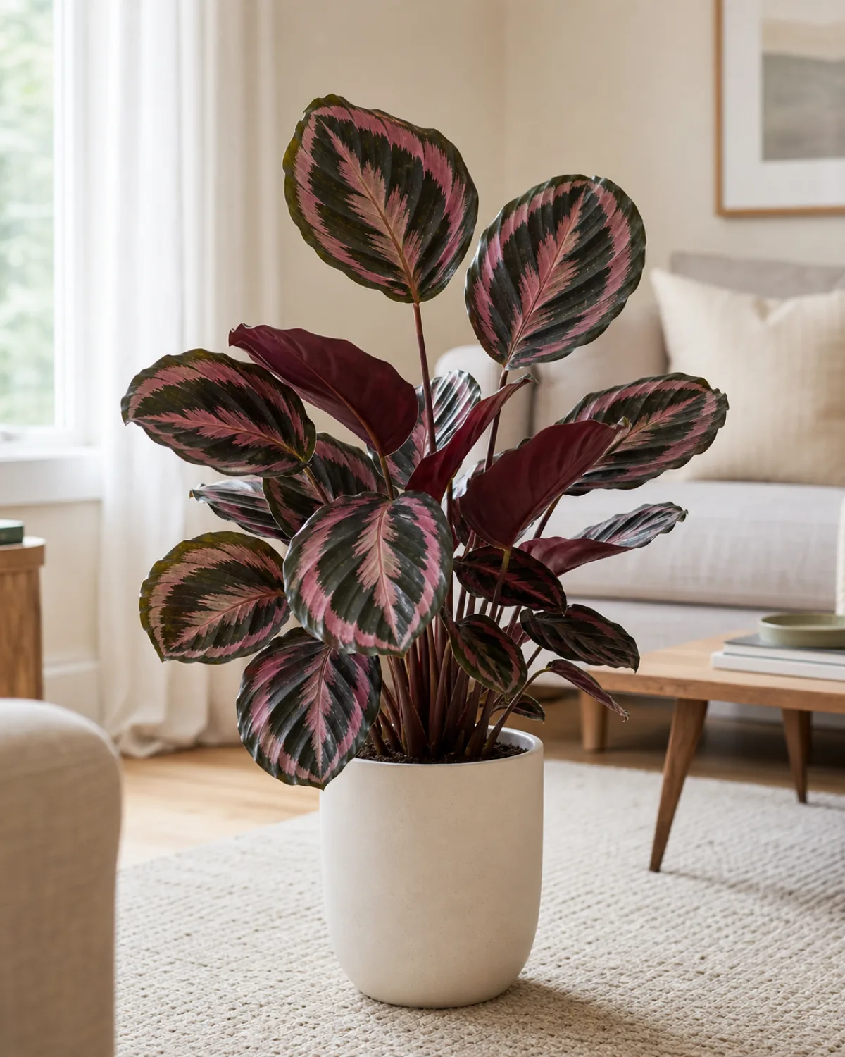 A calathea medallion in a plain cream ceramic pot set a few feet back from a bright window in a real living room with soft indirect daylight landing on the rose painted patterned leaves and no harsh direct sun reaching the foliage with the deep maroon undersides of a couple of leaves visible