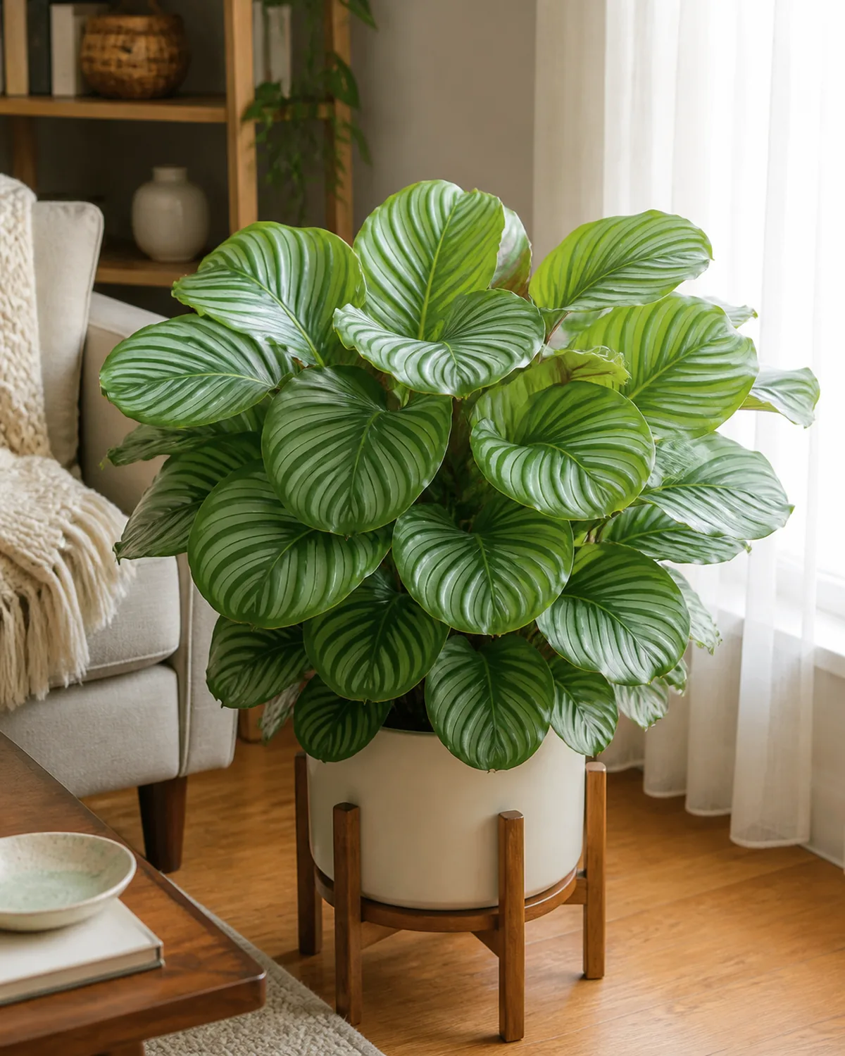 A mature full calathea orbifolia in a cream ceramic pot on a low wood stand in a sunlit real living room with many large rounded silver striped leaves layered densely and looking lush and healthy beside a bright north facing window with sheer light