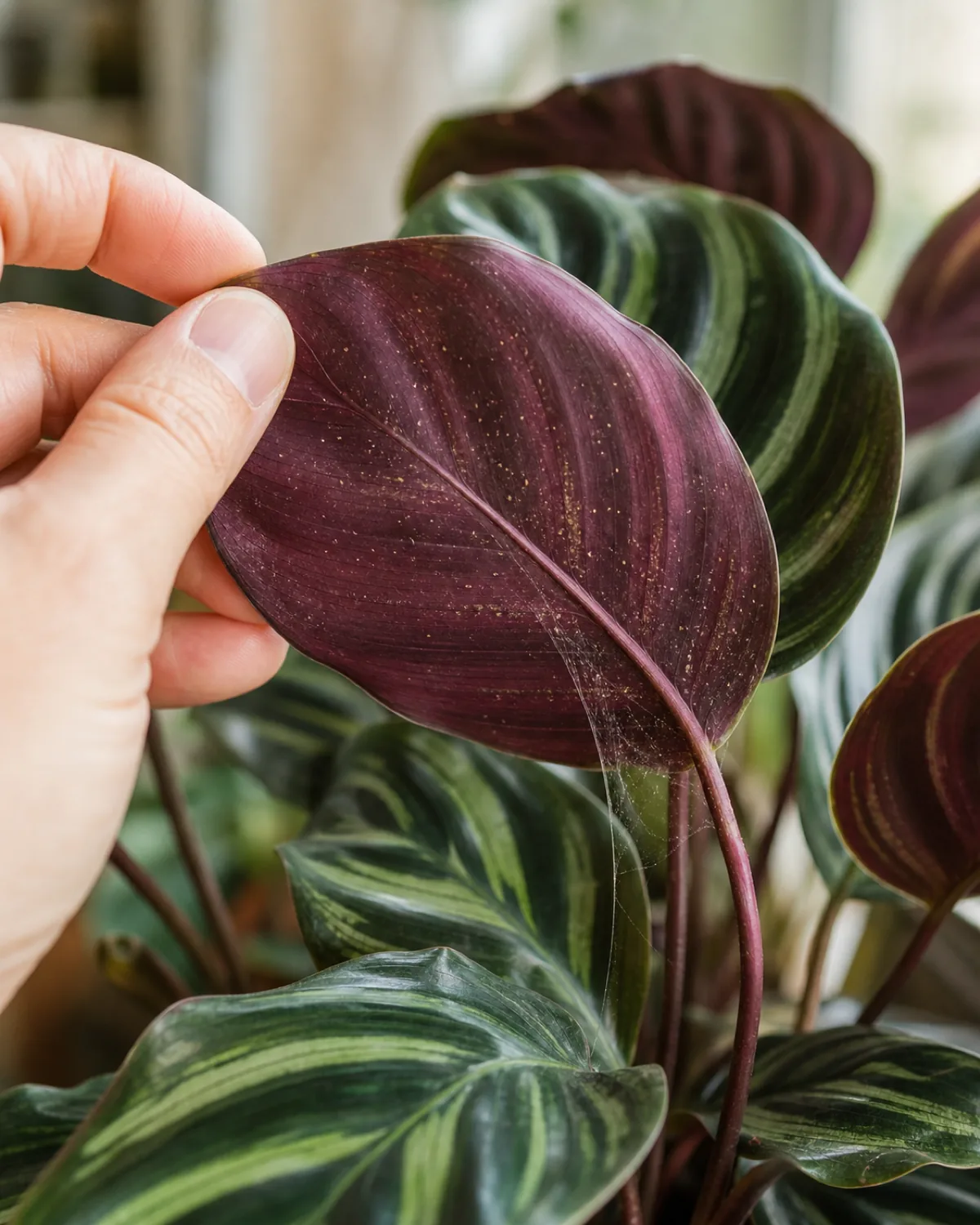 A macro closeup of a hand turning over a calathea leaf in a real home to show the underside with a few fine pale webbing strands and tiny stippled pale dots along the veins indicating early spider mites with the deep maroon underside color visible