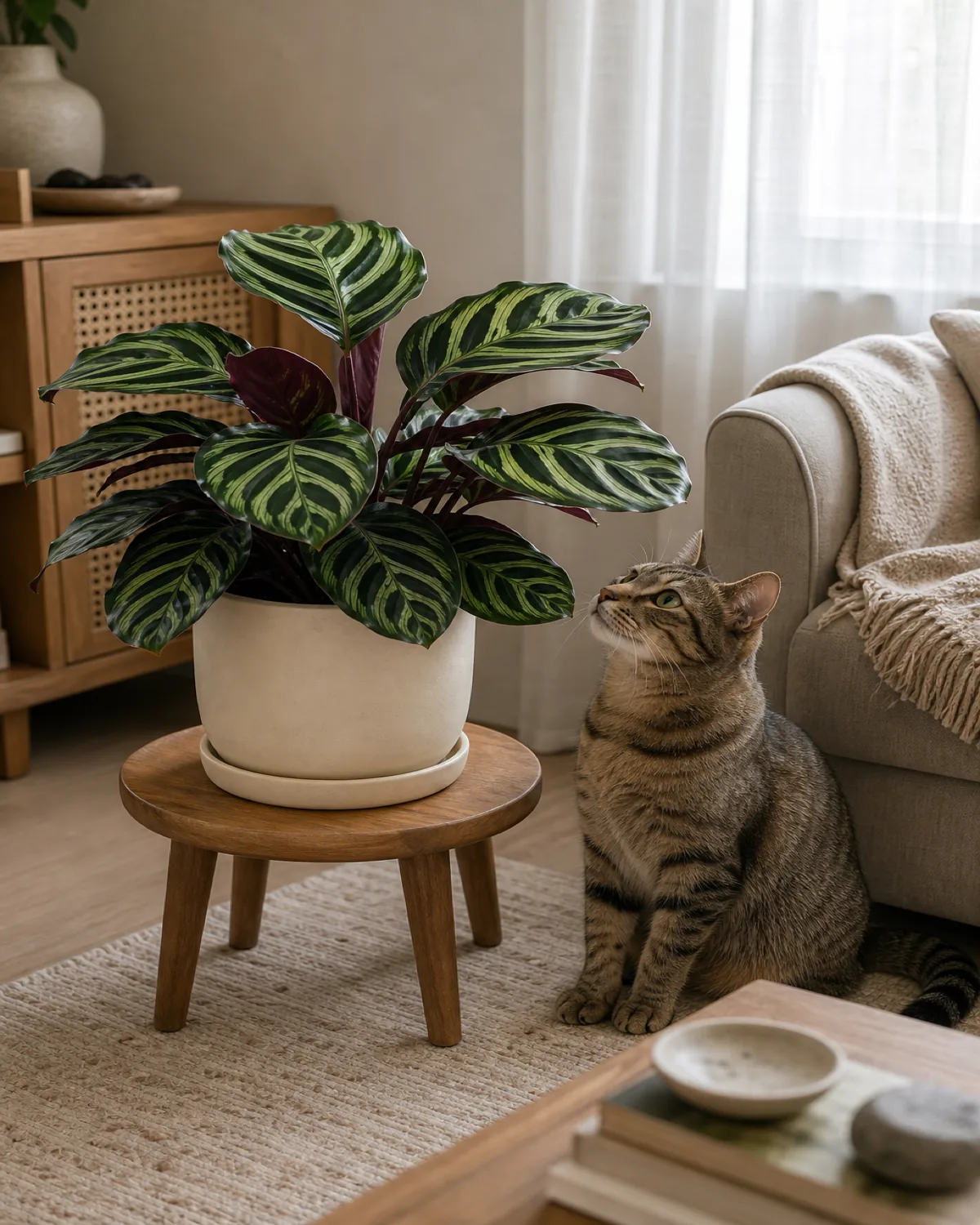 A calathea in a cream pot on a low wood plant stand in a real living room with a calm tabby cat sitting on the floor nearby looking up at the patterned leaves in soft daylight with the plant within easy reach and no barrier needed