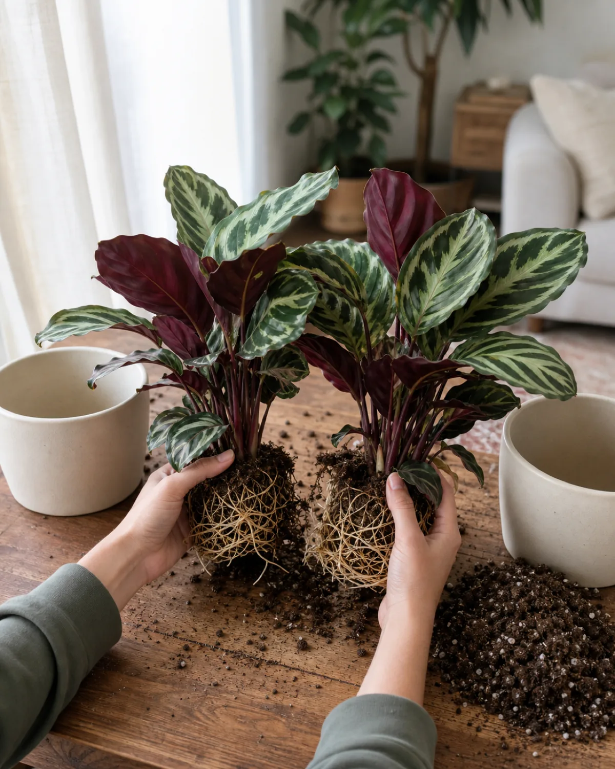 A calathea lifted out of its pot on a wood work table in a real home with the root clump gently teased apart into two sections each with its own roots and leaves and two empty cream pots ready beside it in soft daylight