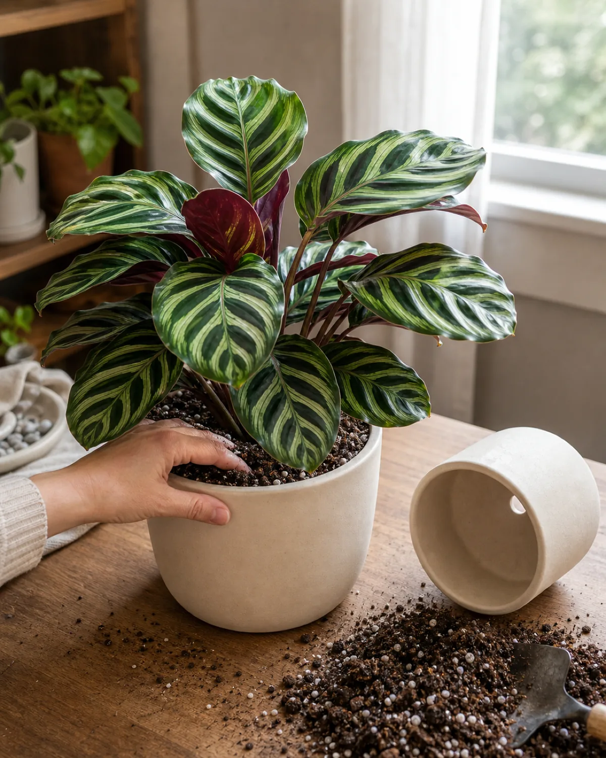 A calathea being settled into a slightly larger cream ceramic pot on a wood table in a real home with fresh airy potting mix being firmed around the root ball by a hand and the patterned leaves rising above in soft daylight