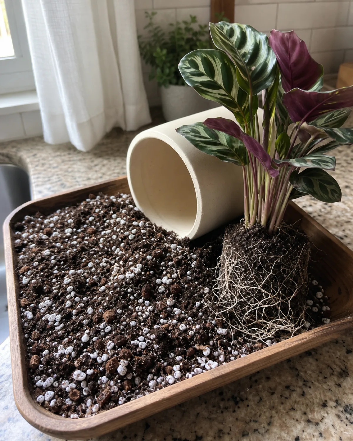 An overhead view of a wood tray on a counter holding a freshly mixed calathea soil blend of dark peat based potting mix and bright white perlite and a handful of fine orchid bark with a tipped cream pot beside it and a small calathea root clump showing pale roots in soft daylight