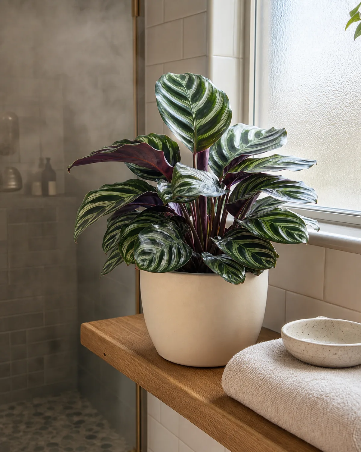 A calathea on a wood shelf in a bright real bathroom near a frosted window with soft indirect daylight and a faint hint of steam in the air and the patterned leaves looking firm and glossy beside a folded towel and a small dish