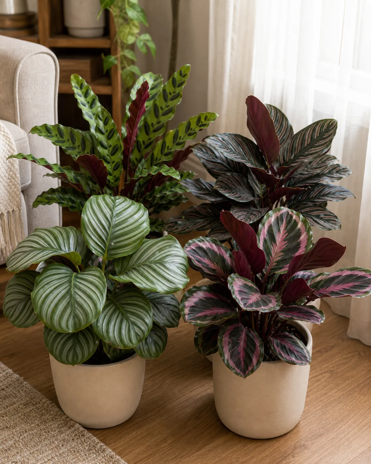 Four calathea varieties grouped together on a wood floor in a sunlit real living room with a round silver striped orbifolia, a rose painted medallion, a long wavy edged rattlesnake, and a thin pink pinstriped ornata all showing clearly different leaf shapes and markings in soft indirect daylight