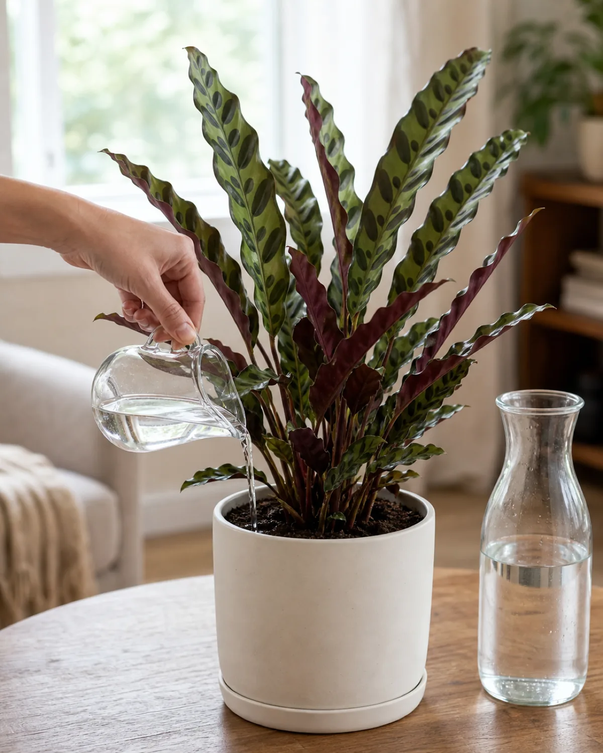 A hand pouring water from a small glass jug into the soil of a calathea rattlesnake in a plain cream pot on a wood table with a clear glass carafe of distilled water beside it and the long wavy edged patterned leaves rising above the pot in soft daylight