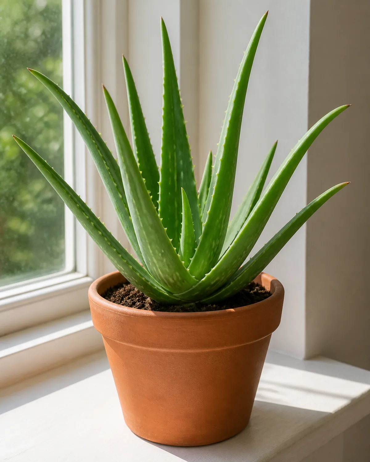An aloe vera in a terracotta pot on a sunny sill, thick fleshy toothed succulent leaves in a rosette