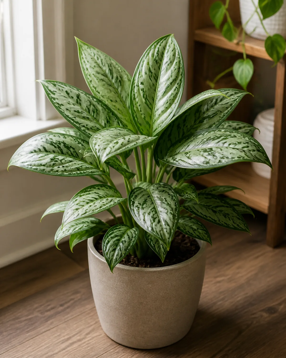 A Chinese evergreen in a plain pot with broad oval leaves and silvery-green variegation