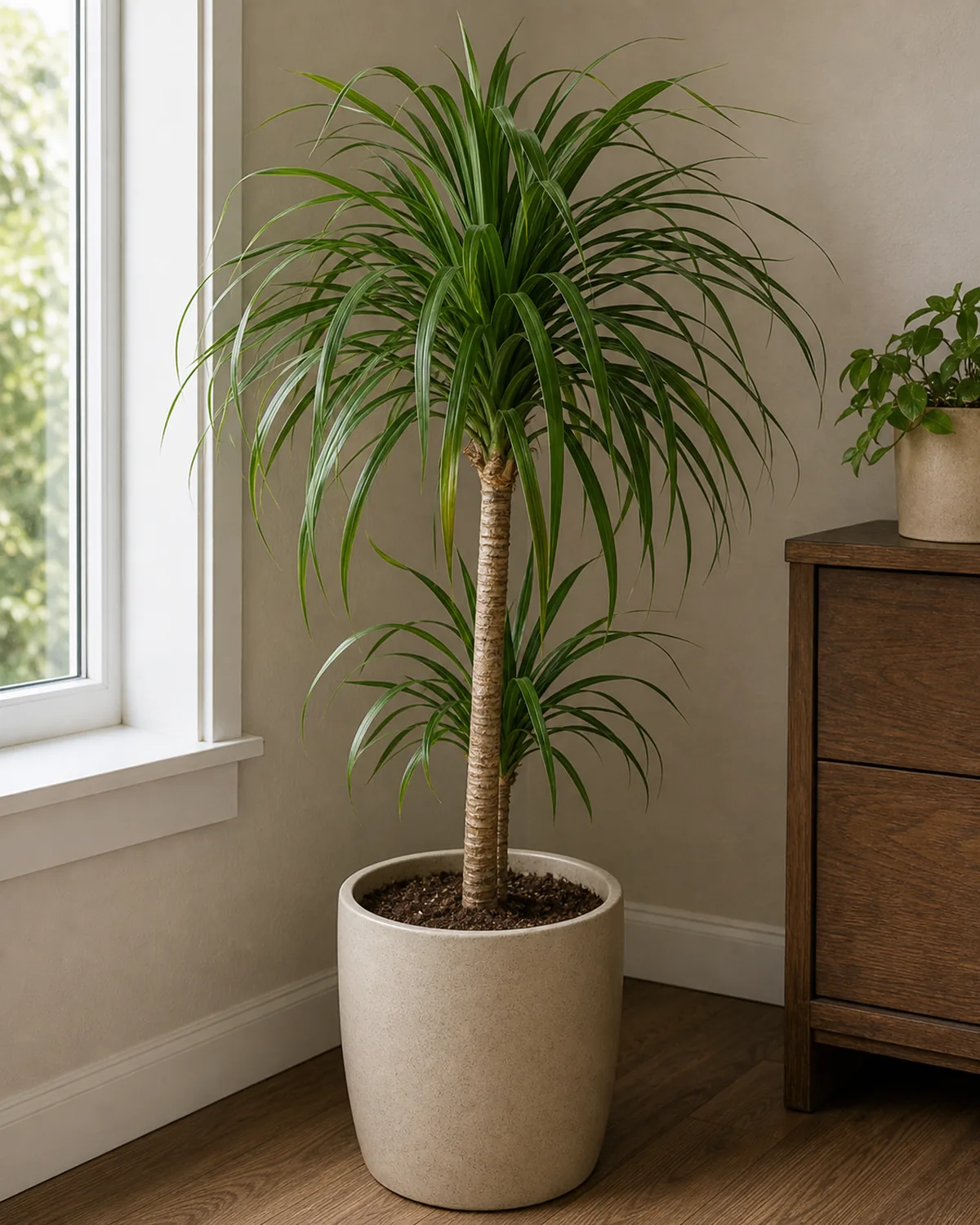 A dracaena in a plain floor pot with a tall cane and a crown of long narrow arching strap leaves