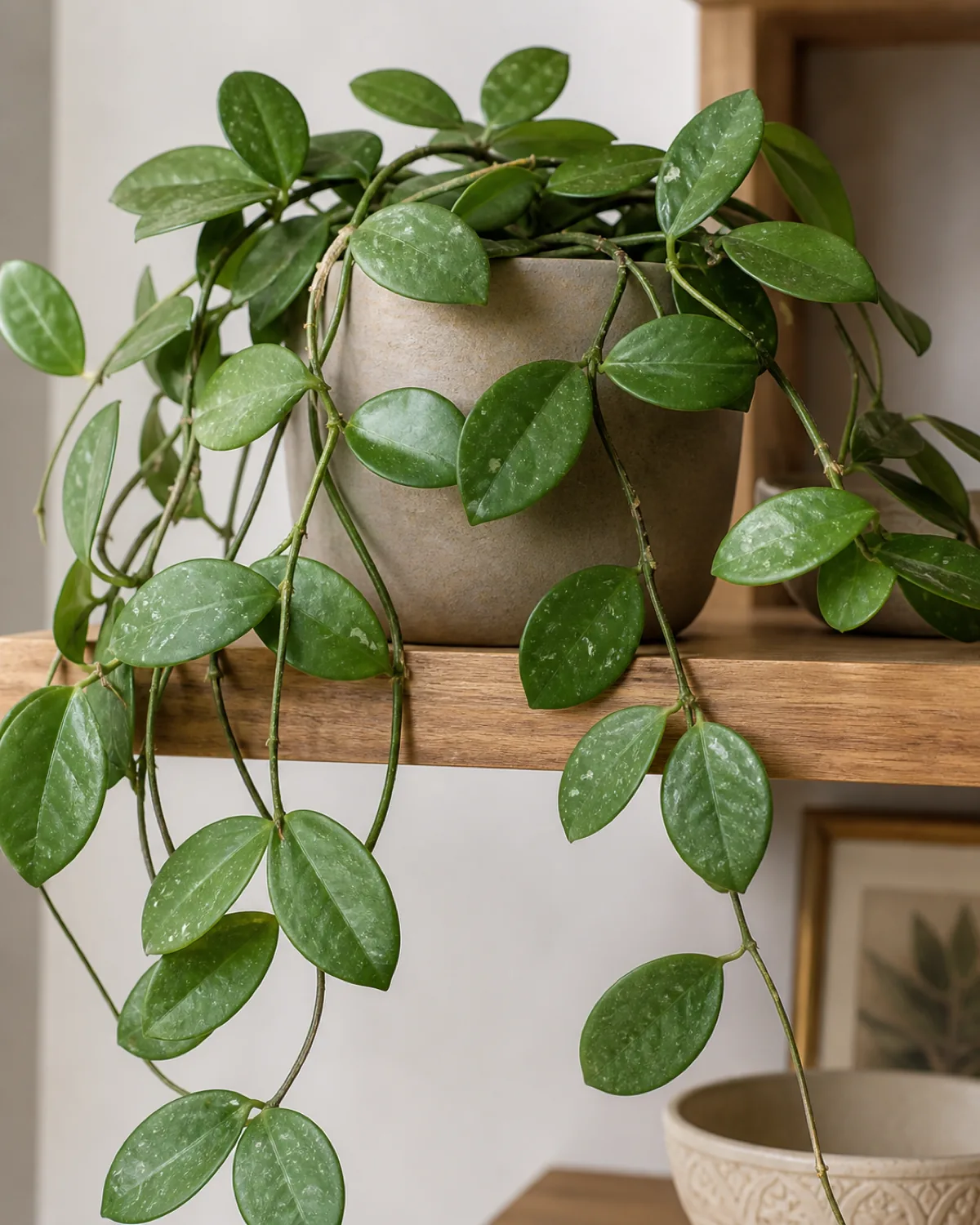 A hoya, or wax plant, in a plain pot with trailing vines of thick waxy oval leaves