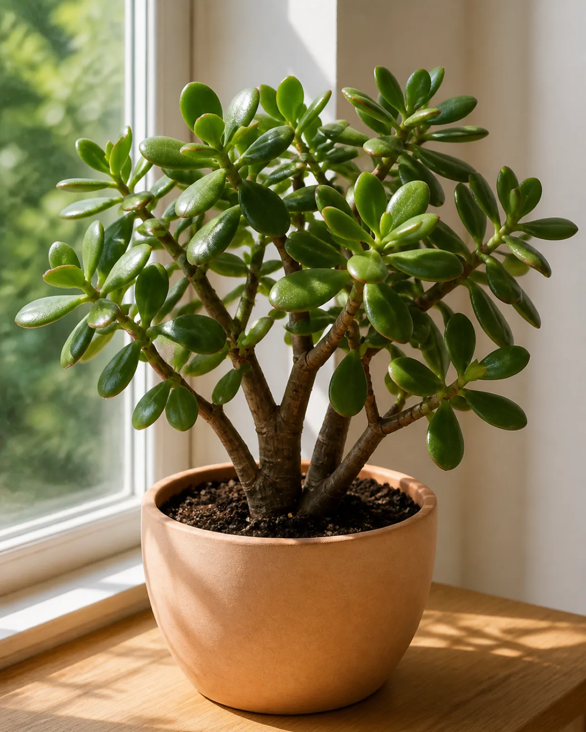 A jade plant in a plain pot with thick woody stems and plump oval succulent leaves