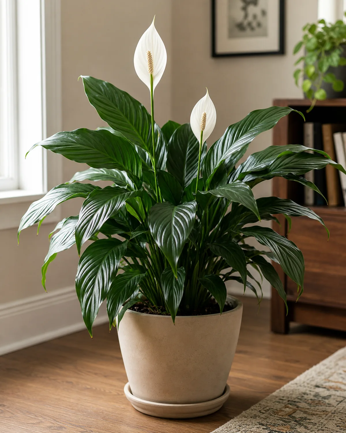 A peace lily in a plain pot with glossy dark pointed leaves and a white spathe bloom
