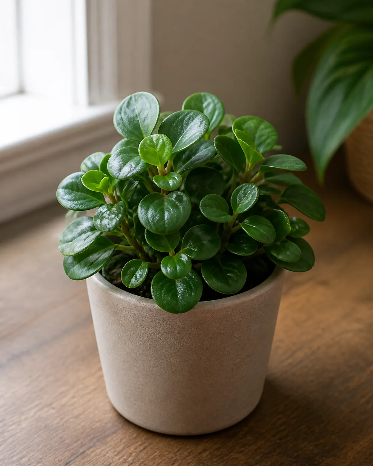A peperomia in a plain pot, a compact mound of small rounded thick leaves