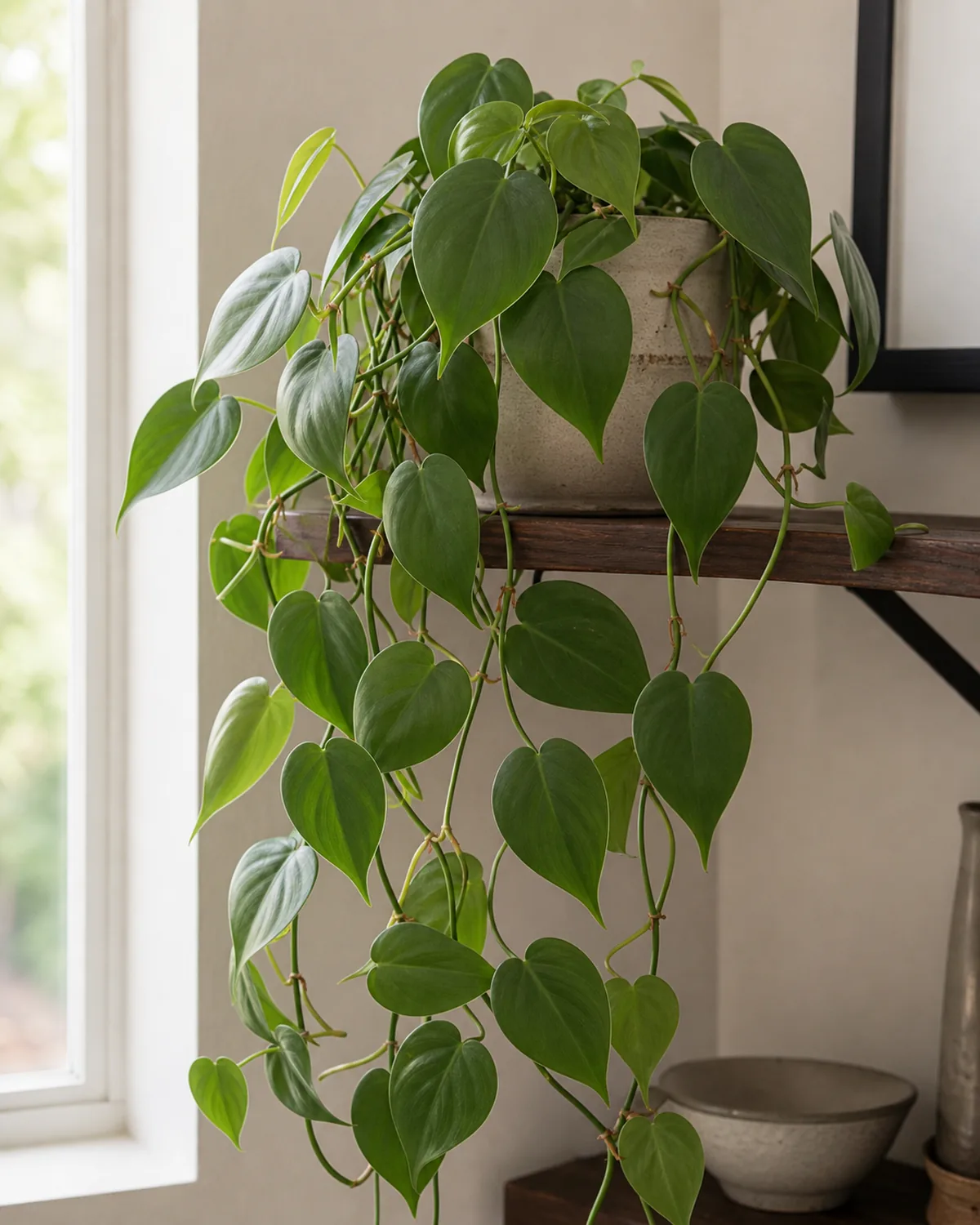 A heartleaf philodendron with soft heart-shaped leaves trailing on vines down a shelf