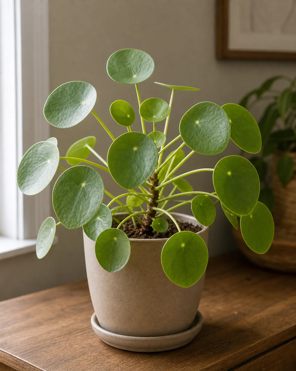 A Pilea peperomioides in a plain pot with round flat coin-shaped leaves on thin stems