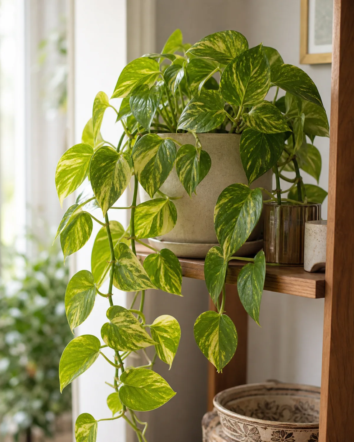 A golden pothos on a shelf with heart-shaped leaves trailing down on real vines