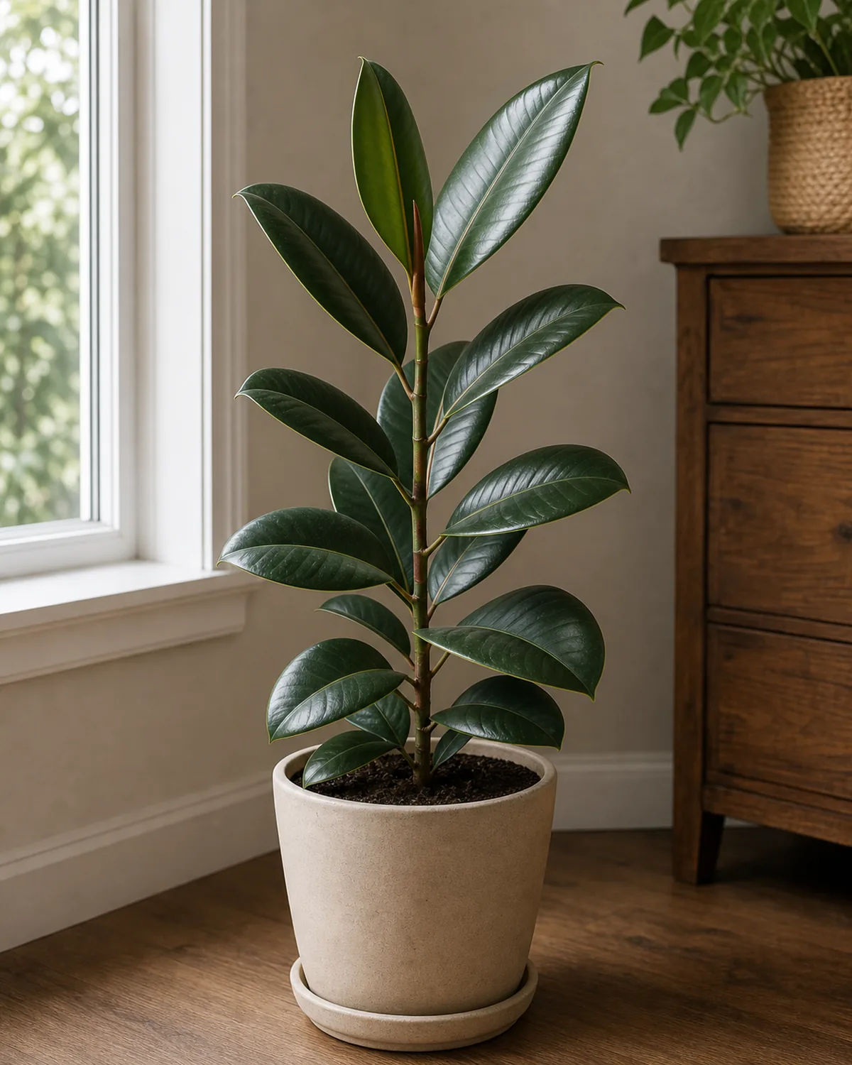 A rubber plant in a plain pot with thick glossy oval dark-green leaves on an upright stem