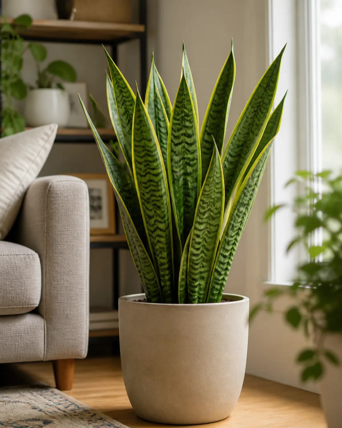 A snake plant in a plain pot with stiff upright sword leaves with natural banding
