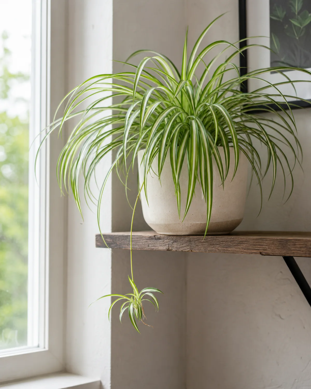 A spider plant in a pot with arching striped grassy leaves and a baby plantlet on a runner